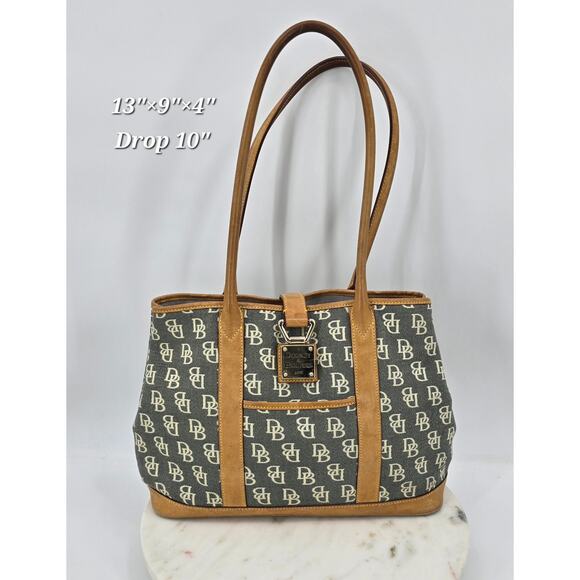 Dooney & Bourke DB Signature Canvas Tote Bag Tan Leather Trim - Picture 1 of 11